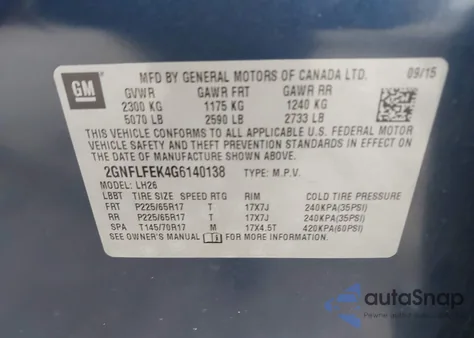 2016 Chevrolet Equinox Lt z USA, uszkodzony, nr VIN 2GNFLFEK4G6140138